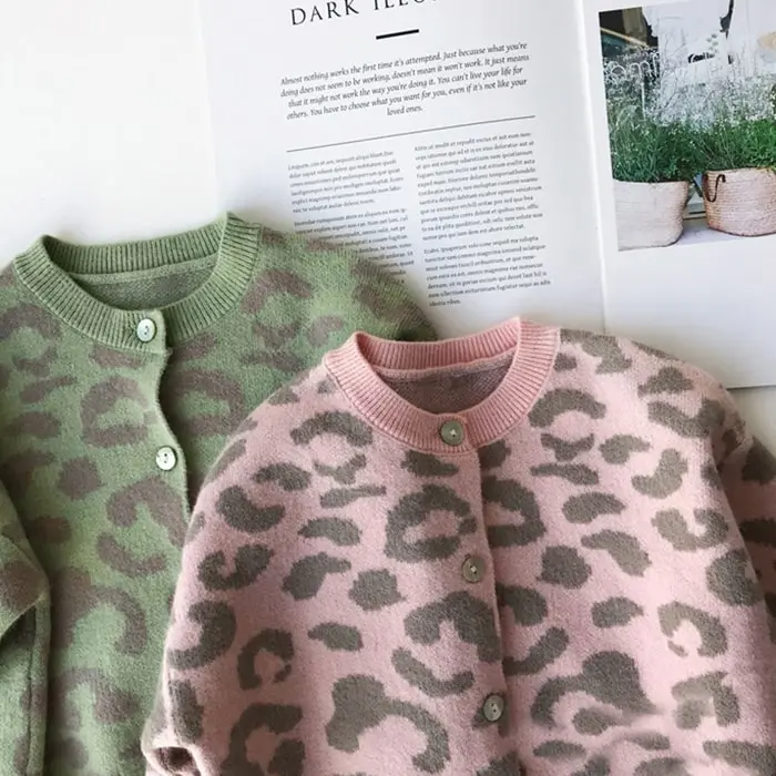 Girls Casual Leopard Single-Breasted Knit Coat