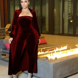 Women Fashion Vintage Solid Color Velvet Tube Top Jumpsuit And Over-Length Cardigan Set