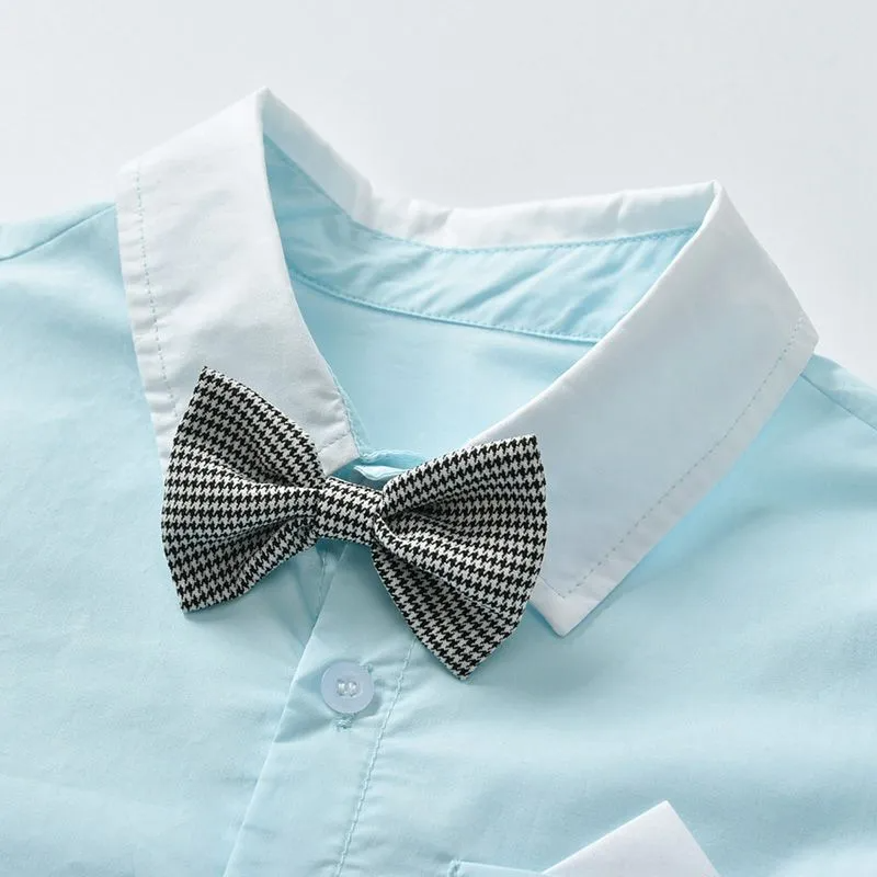 Boys Little Gentlemen Cotton Solid Color Long Sleeves Shirts And Gray Pants With Suspender Set