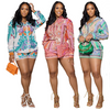 Women Fashion Printed Long Sleeve Shorts Casual Set