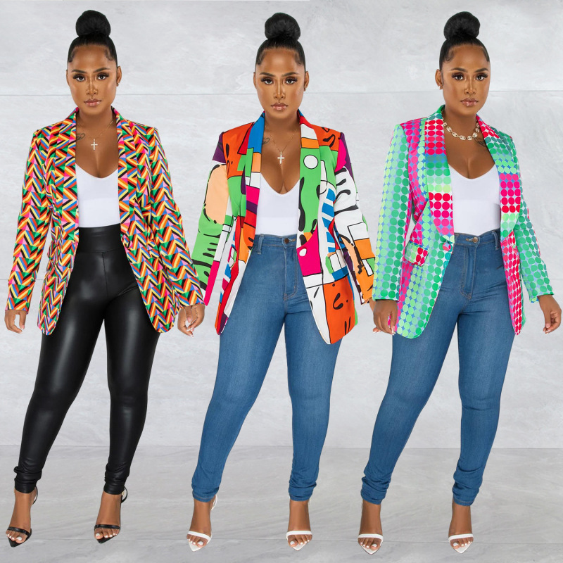 Women Fashion Printing Lapel V-Neck Long-Sleeved Blazer