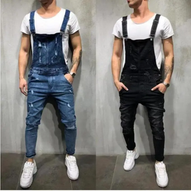 Men Fashion Casual Trend Solid Color Loose Ripped Leg Suspender Jeans