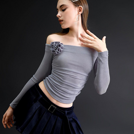 Women Summer Sexy Off-The-Shoulder Long Sleeve Tight-Fitting Pleated Top