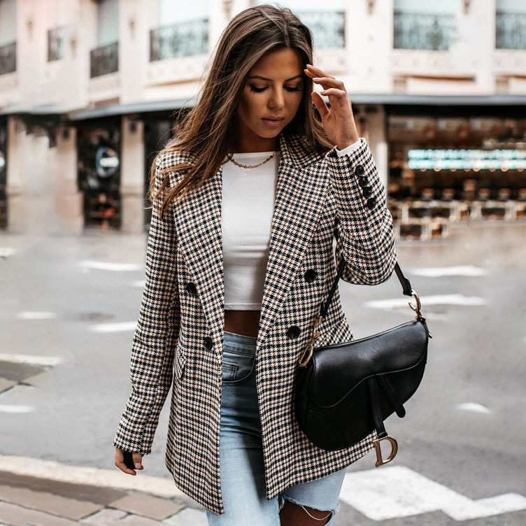 Women Fashion Vintage Plaid Houndstooth Pattern Long Slleve Lapel Blazer