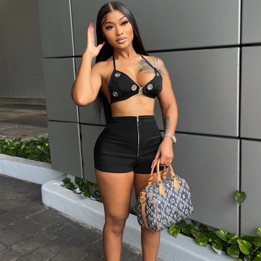 Women Sexy Hollow Eyelet Camis And Zipper Shorts Two Pieces Street Style Set