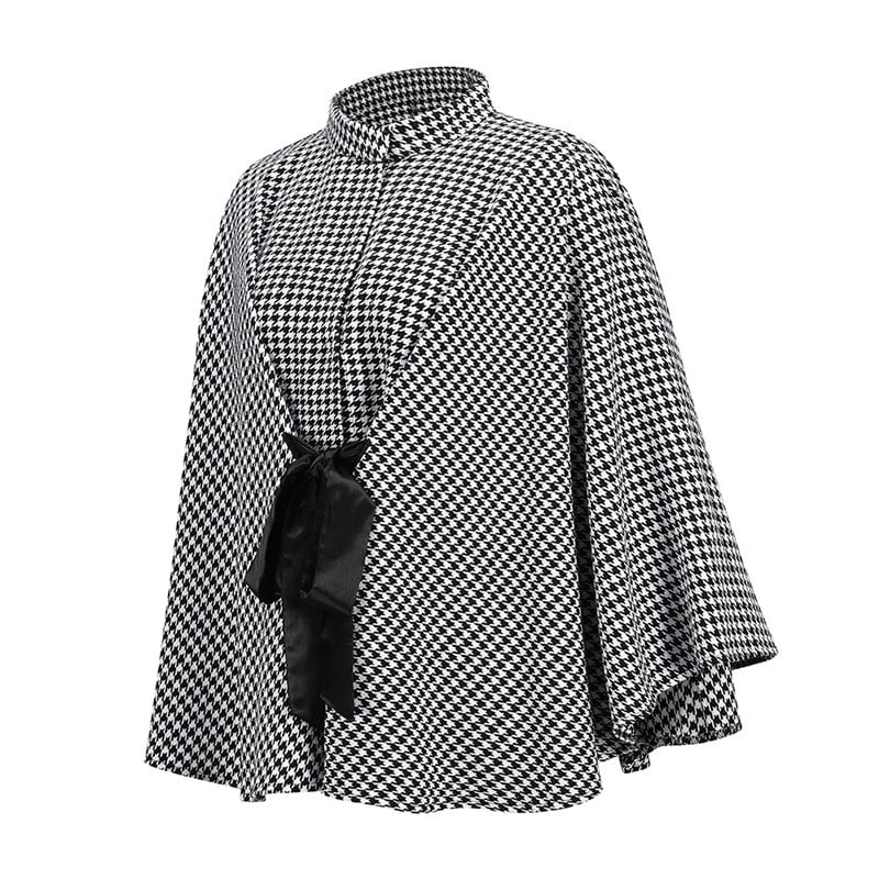 Women Creative Houndstooth Print Knotted Cloak Loose Coat