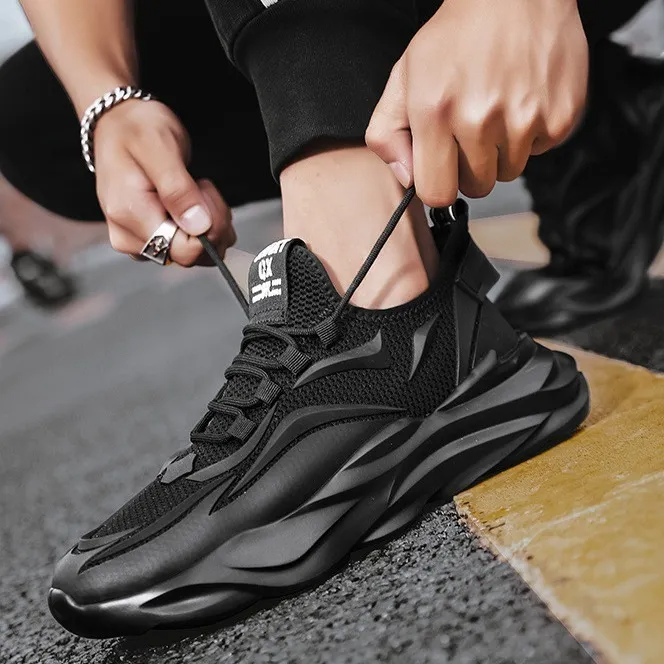 (Buy 1 Get 1) Men Casual Sports Solid Color Mesh Cloth Lace-Up Thick-Soled Flat