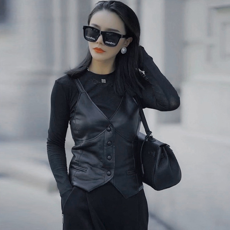 Women Solid Pu Leather Autumn Winter Fashion Short V-Neck Vest