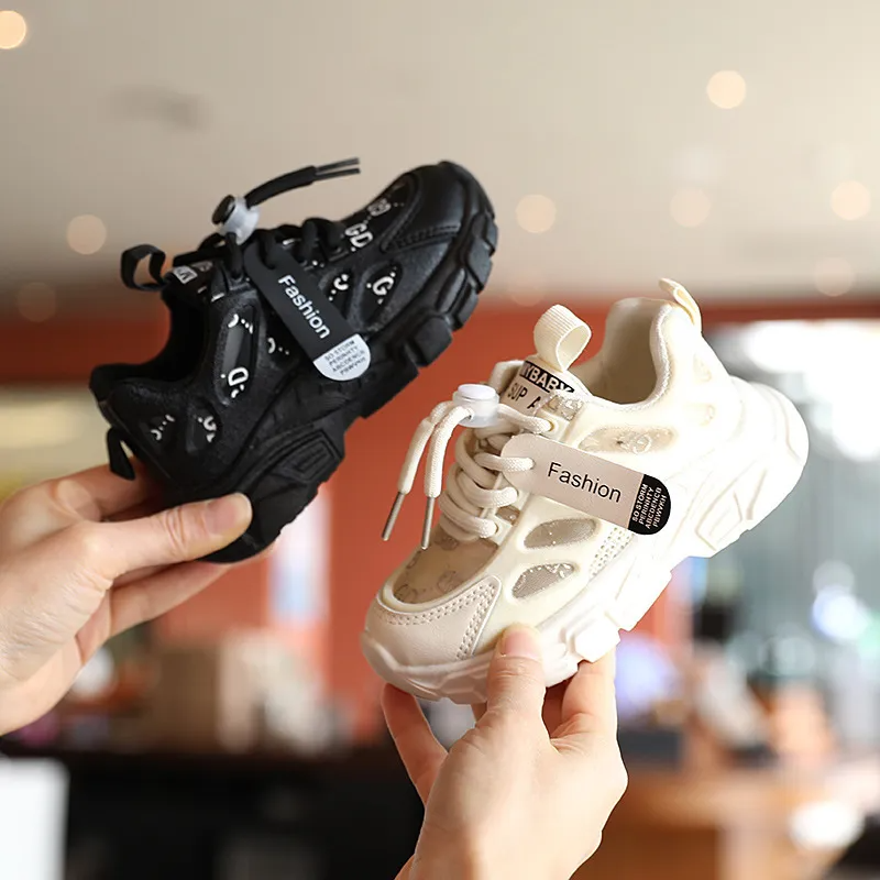 Kids Unisex Fashion Casual Solid Color Breathable Mesh Letter Preppy Lace-Up Velcro Sneakers