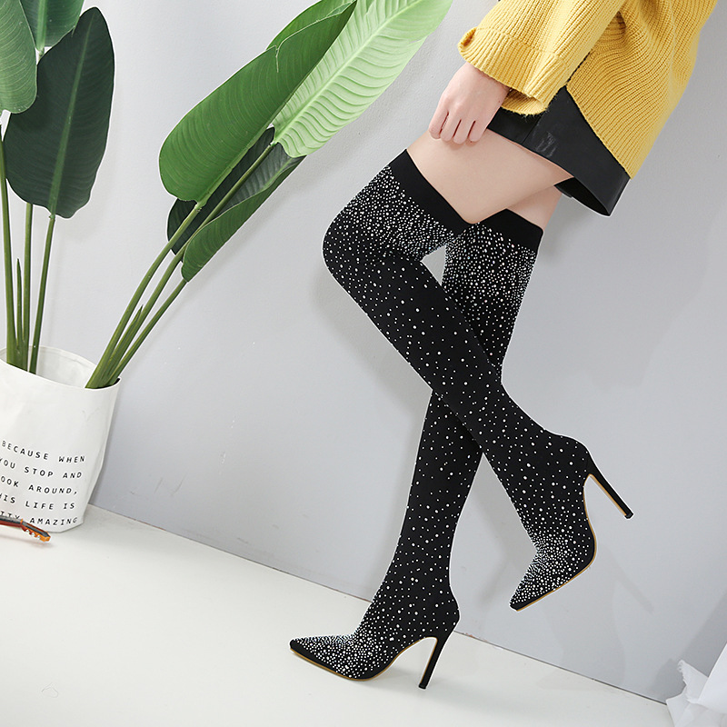 Women Fashion Sexy Plus Size Pointed Rhinestone Stiletto Heel Boots