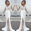 Women Summer Fashion Sexy V-Neck See-Through Mesh Stitching Long Sleeve Split Dress