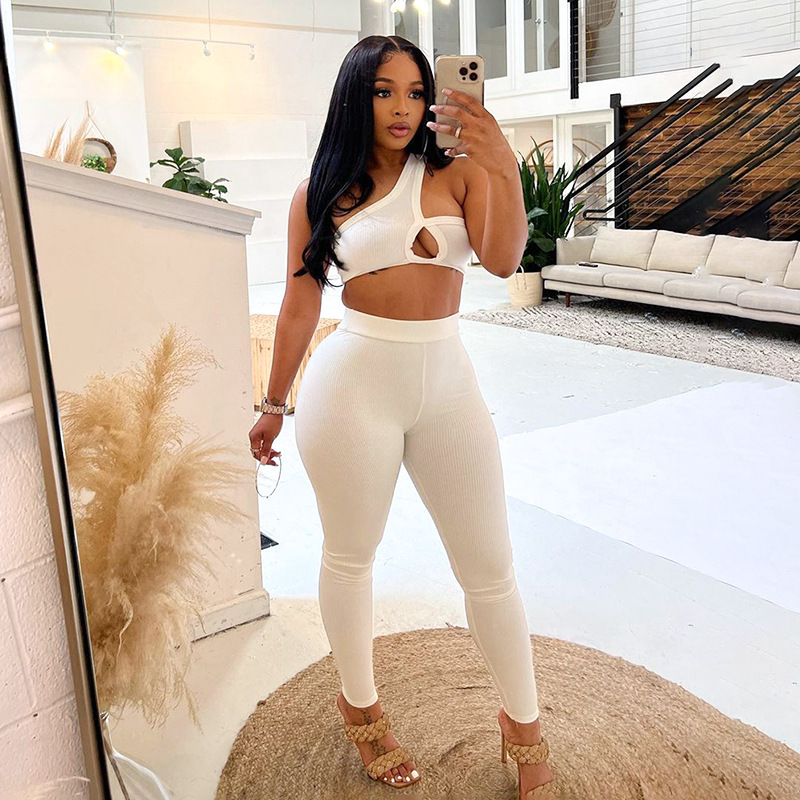 Women Fashion Summer Sexy Solid Color Tight Sloping Shoulder Crop Top Skinny Pants Athleisure Set