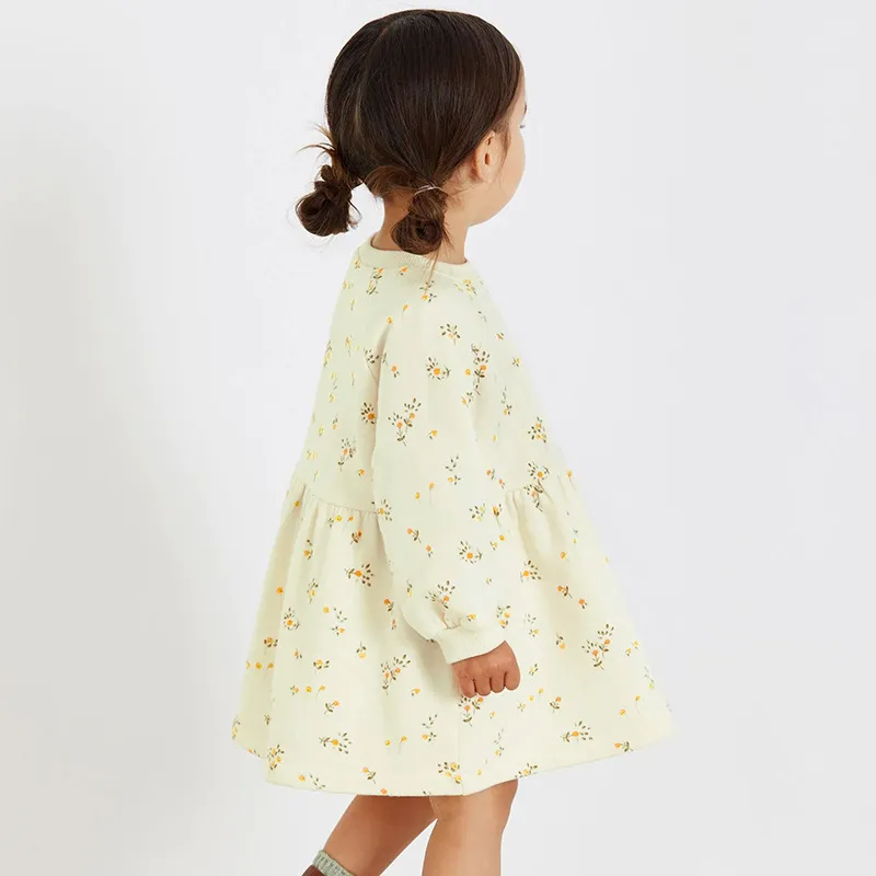 Kids Toddler Big Girls Spring Autumn Fashion Casual Cute Sweet Solid Color Floral Pleated Round Neck Long Sleeve Dress