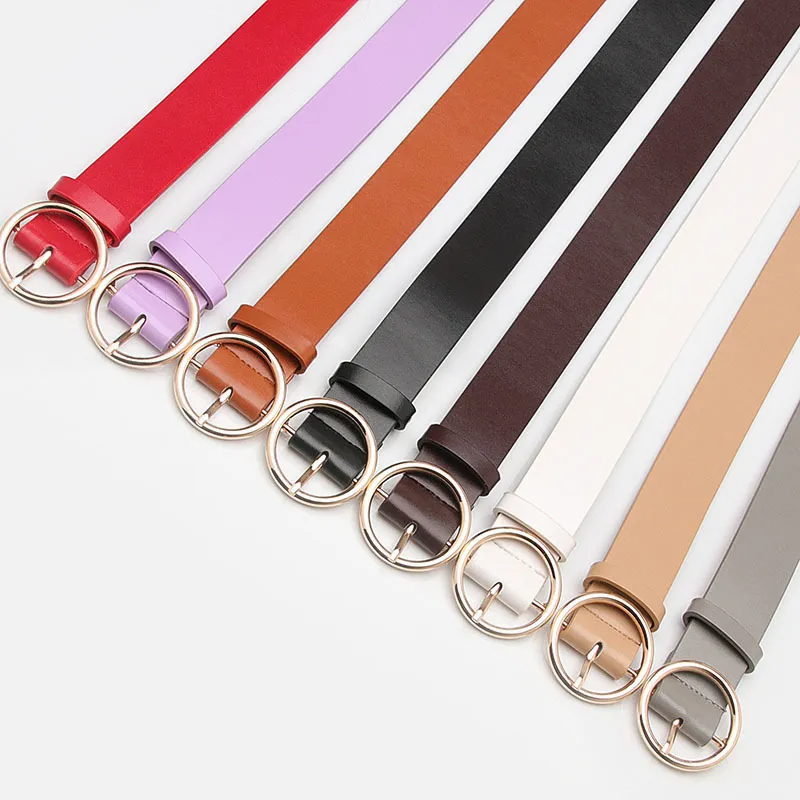 Women Casual Simple Alloy Round Buckle Versatile Pu Belt
