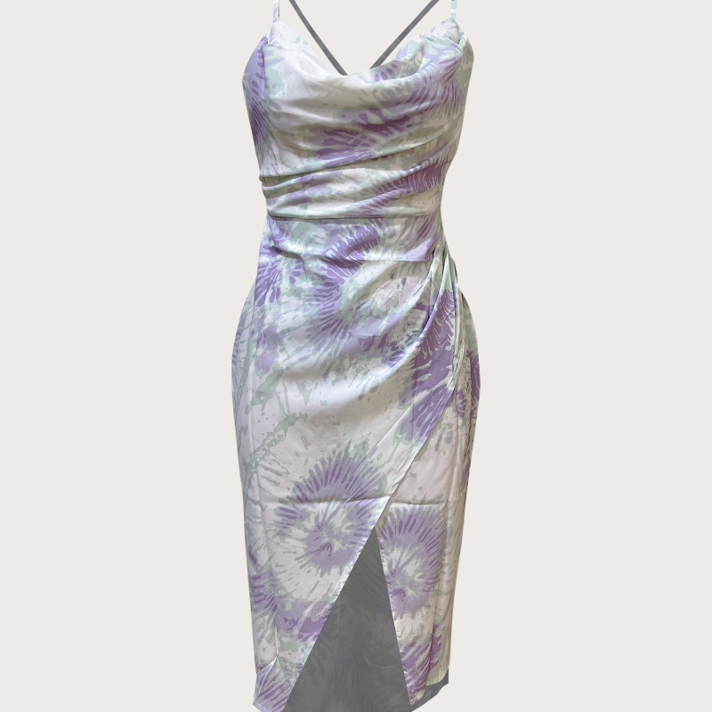 2 Pieces Women'S Fashion Elegant Satin Tie Dye Printing Slit Slip Dress