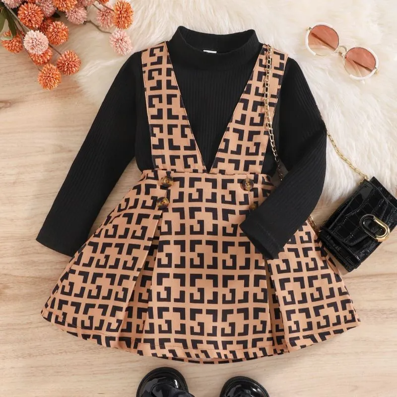 Toddler Girls Fashion Casual Solid Color Long Sleeve Round Neck Sweater Print Skirt Sets