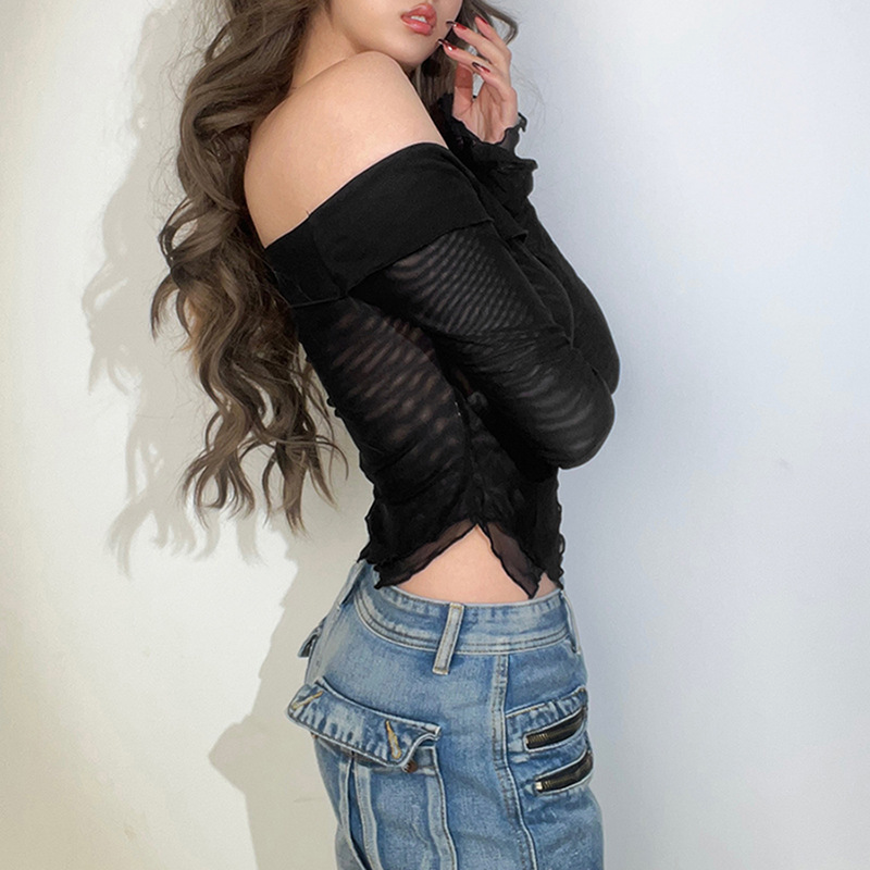 Summer Women Sexy Edgy Slim Fashion Off-Shoulder Long Sleeve Solid Mesh Blouse