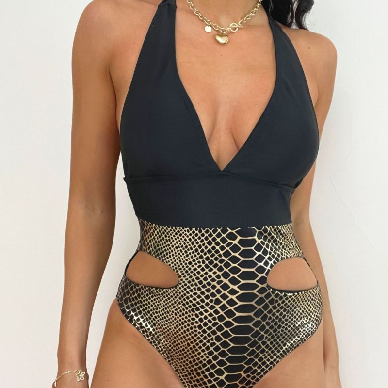 Women Sexy V-Neck Backless Graphic Printing Halter Neck One-Piece Swimsuit