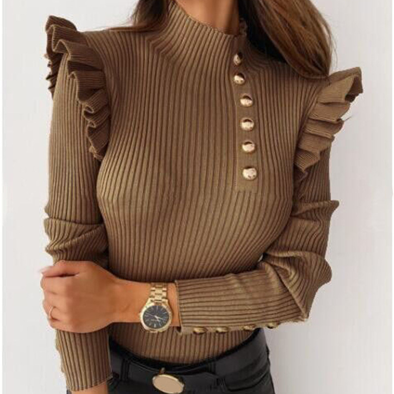 Women Casual Ruffled Long-Sleeved Solid Color Rib-Knit Knitted Top
