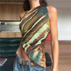 Summer Women Fashion Graphic Print One Shoulder Oblique Hem Slim Top