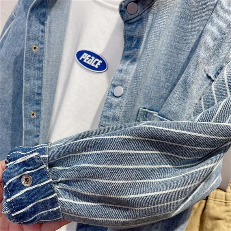 Boys Fashion Lapel Letter Embroidered Denim Shirt