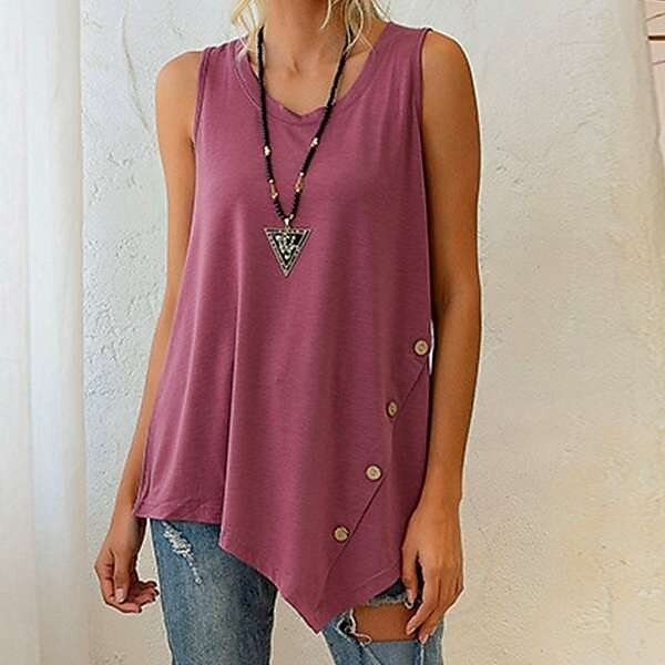 Ladies Solid Color Fashion Casual Sleeveless U-Neck Irregular Top Tank