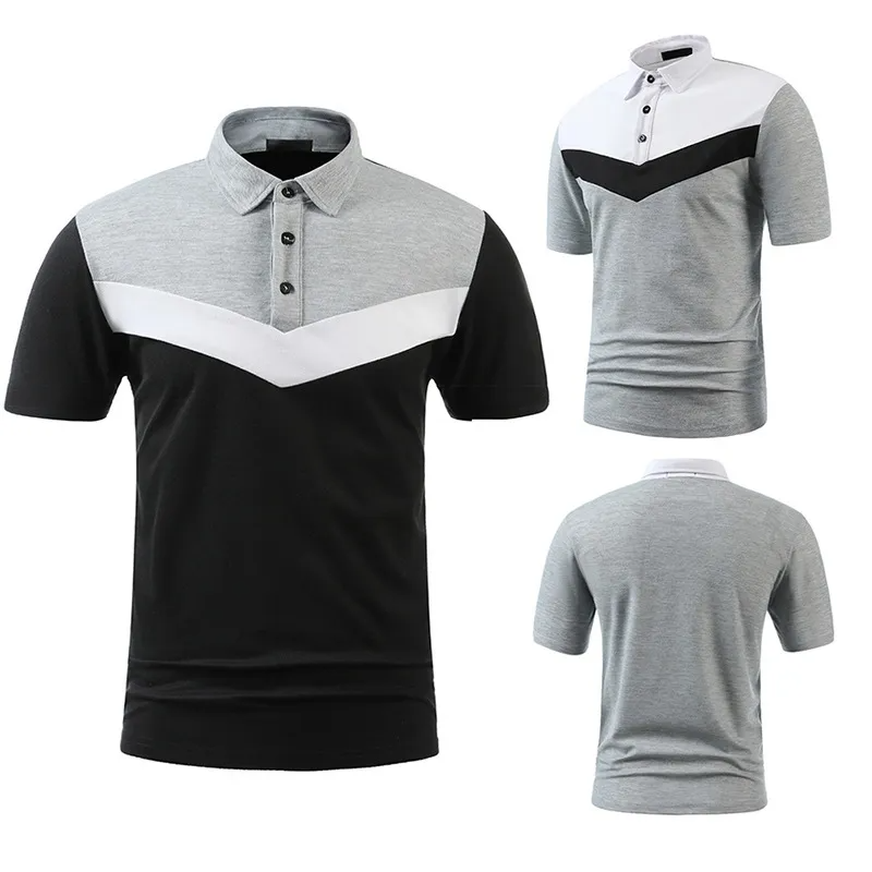 Men Business Casual Stitching Contrast Color Short Sleeved Lapel Polo Shirt