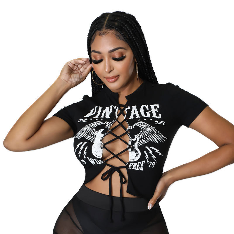 Women Summer Fashion Lace-Up Printed Short Sleeve Crop Top