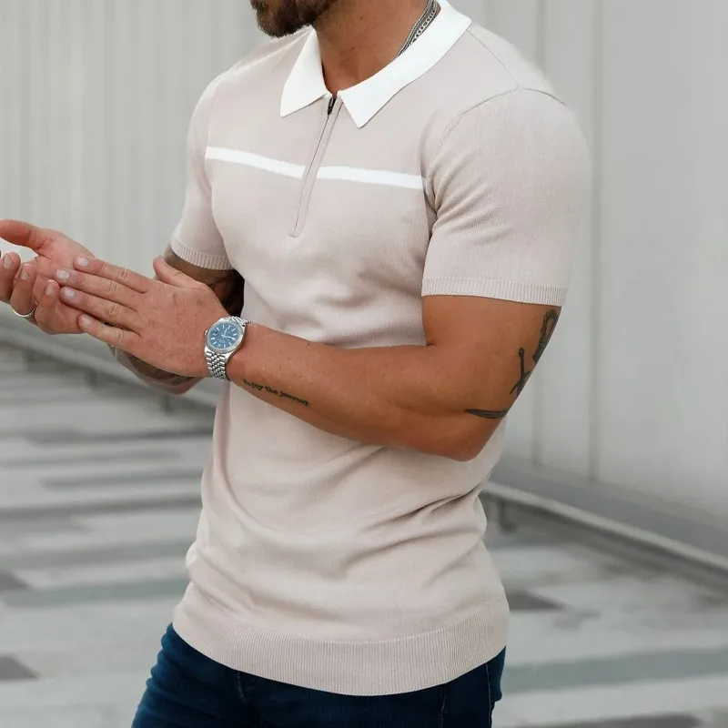 Men'S Casual Lapel Zipper Short-Sleeved Knitted Polo Shirt