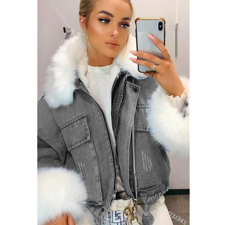 Autumn And Winter Women Fashion Long Sleeve Plush Denim Coat