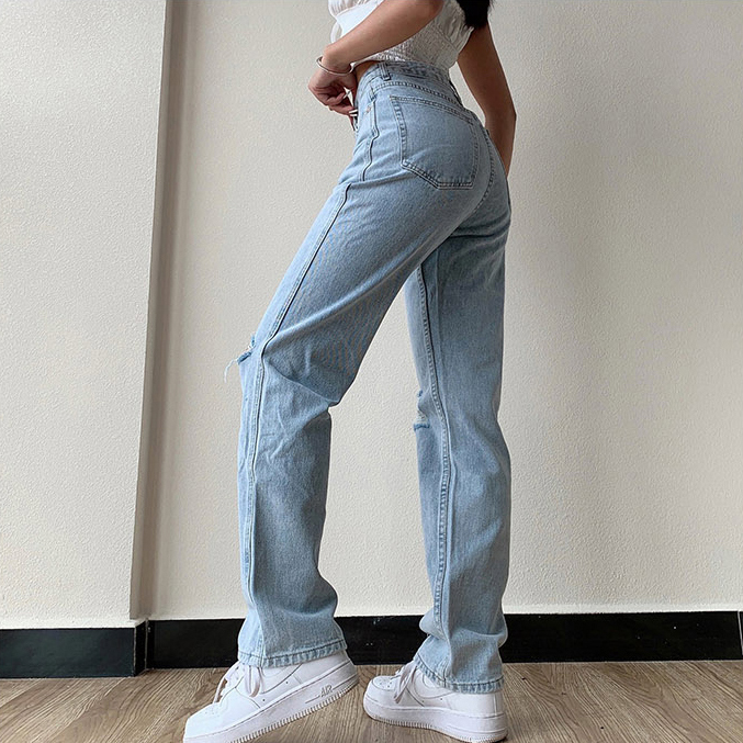 Women High Waist Mom Ripped Jeans Straight Denim Pants