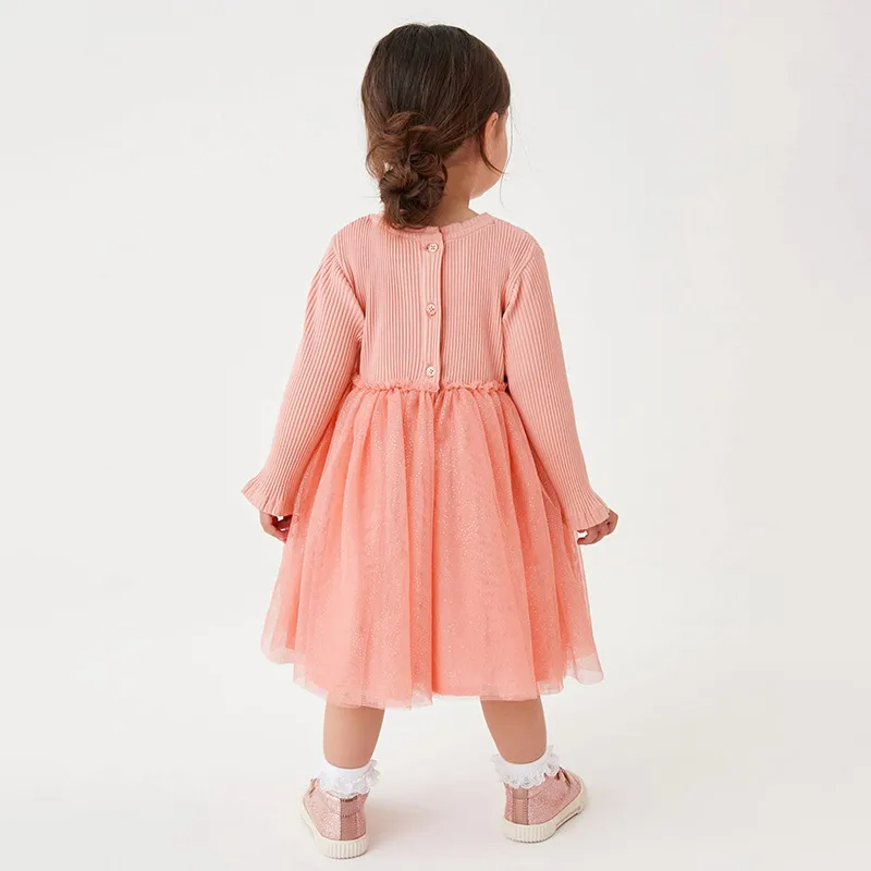 Kids Toddler Big Girls Summer Fashion Casual Sweet Cotton Solid Color Cartoon Pony Round Neck Long Sleeve Mesh Dress