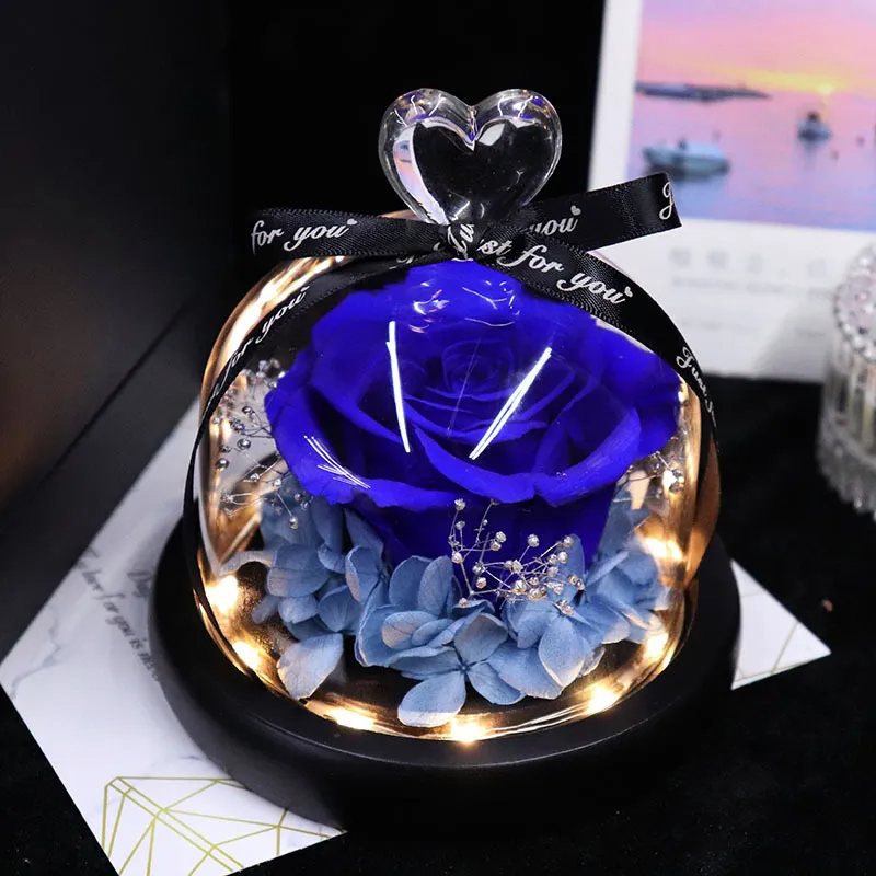 Christmas Immortal Flower With Lights Small Love Heart Glass Cover Natural Rose Valentine'S Day Gift
