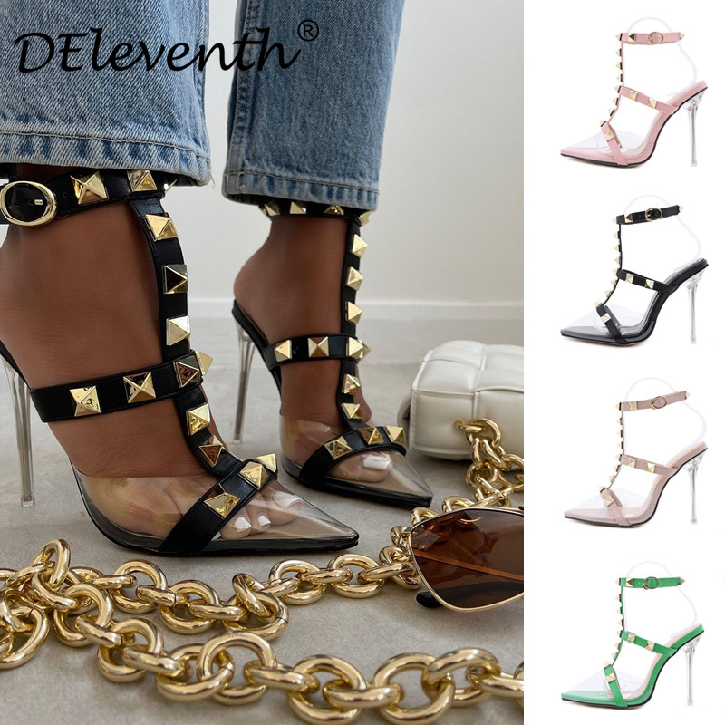 Women Sexy Rivet Decorative Buckle Design Pointed Open Toetransparent Stiletto Sandals