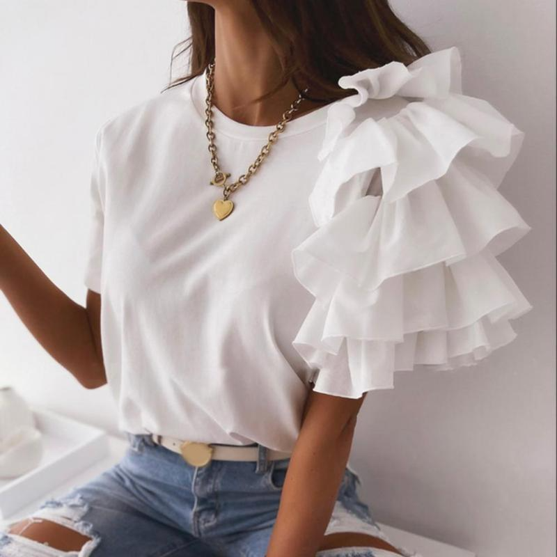 Women Elegant Solid Color Ruffled Short Sleeves Round Neck Loose Summer Blouse