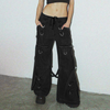 Women'S Fashion Punk Gothic Cool Metal Buckle Zipper Wide Leg Straight Loose Jeans