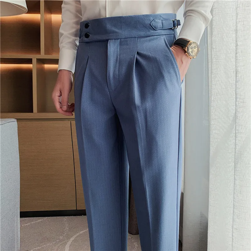 Men Gentle Italian-Style Striped Casual High-Waisted Business Pleated Casual Trousers