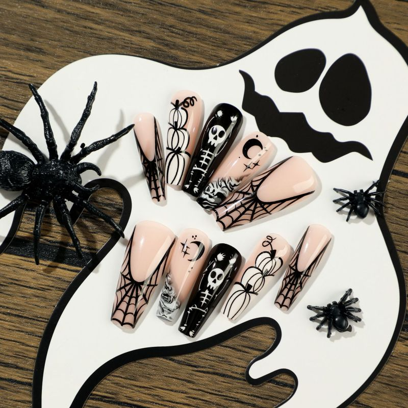 ( Buy 1 Get 2 ) Women Fashion Halloween Cobweb White Skull Pumpkin Star Moon False Nails