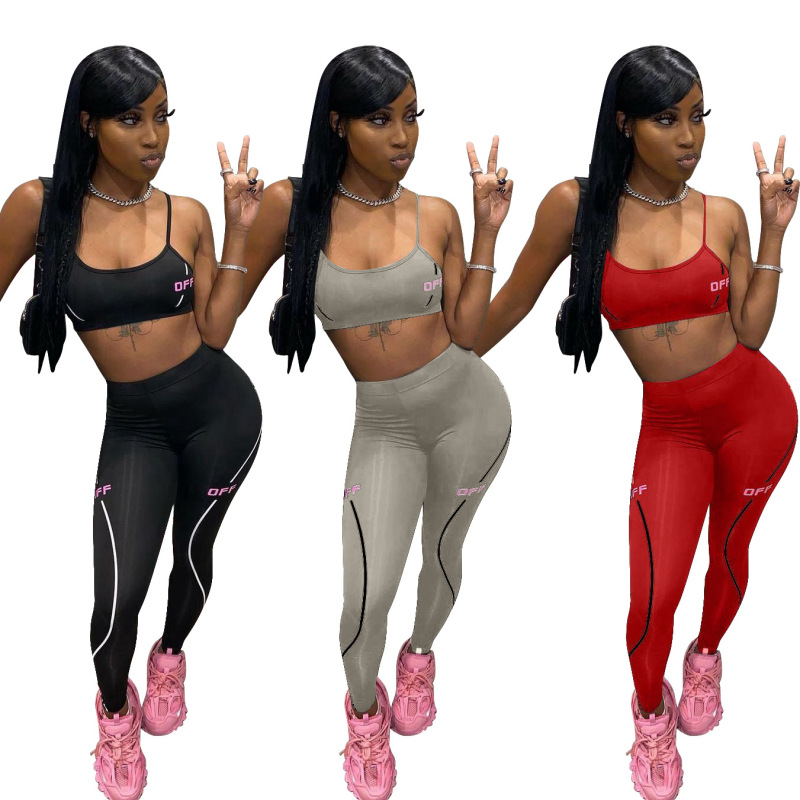 Women Body-Fitting Letters Print Sexy Camis Tight Sports Leggings Two-Piece Set