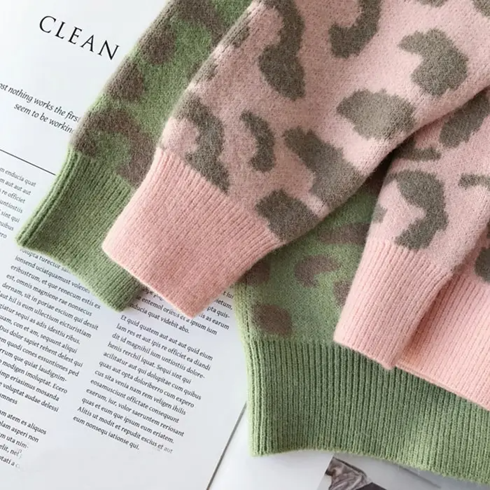 Girls Casual Leopard Single-Breasted Knit Coat