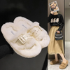 Autumn Winter Women Fashion Solid Color Plush Belt Buckle Round Toe Flat Home Slippers