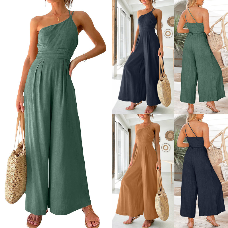 Women Single Strap Ruched High Waist Casual Wide Leg Jumpsuit