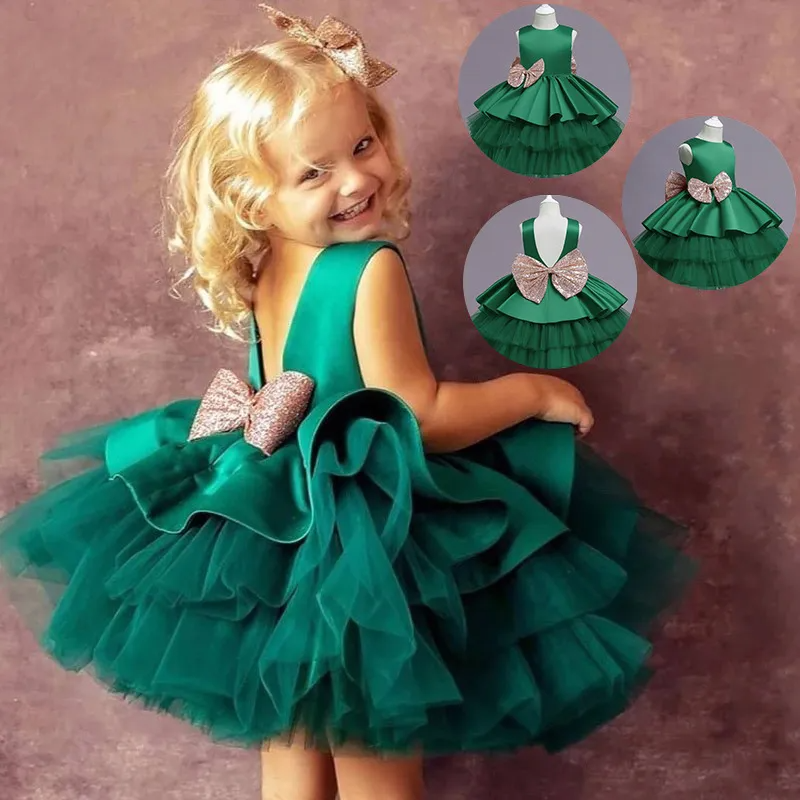 Kids Toddler Girls Fashion Party Cute Sweet Solid Color Sequins Bow Pleated Sleeveless Mesh Party Tutu Dress