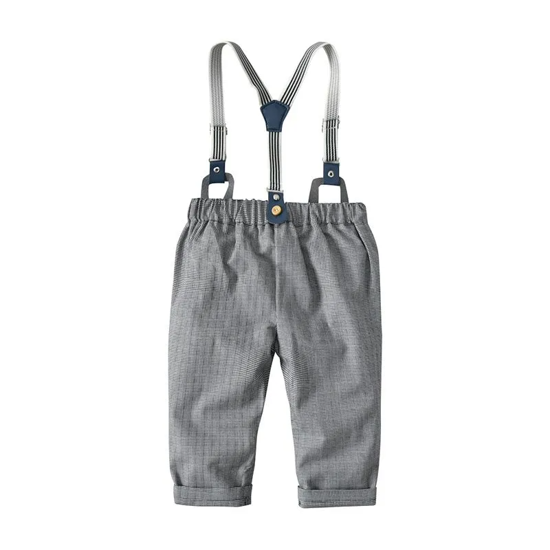 Boys Little Gentlemen Cotton Solid Color Long Sleeves Shirts And Gray Pants With Suspender Set