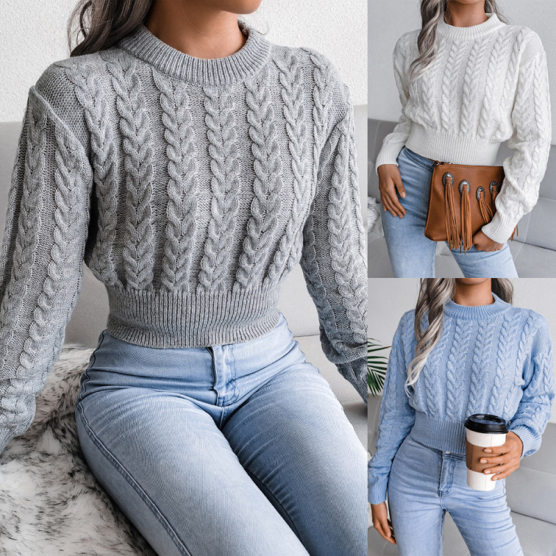 Fashion Casual Autumn Winter Solid Color Braided Long Sleeve Cropped Knitted Sweater