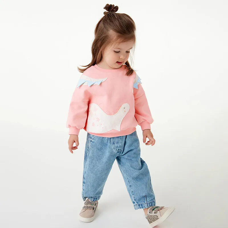 Kids Toddler Big Girls Spring Autumn Fashion Casual Cute Solid Color Cartoon Dinosaur Round Neck Long Sleeve Sweatshirts