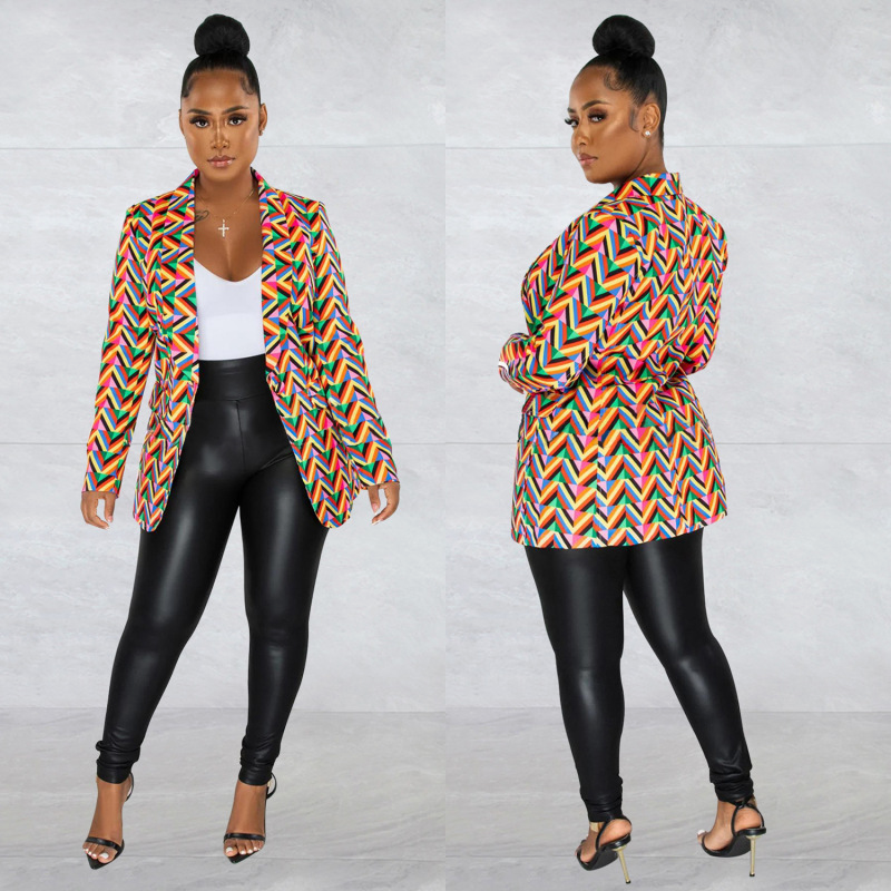 Women Fashion Printing Lapel V-Neck Long-Sleeved Blazer
