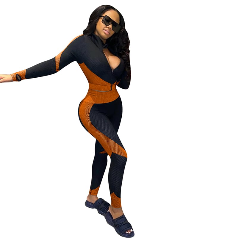 Women Fashion Color Blocking Zipper Top And Pants Sport Two Pieces Set