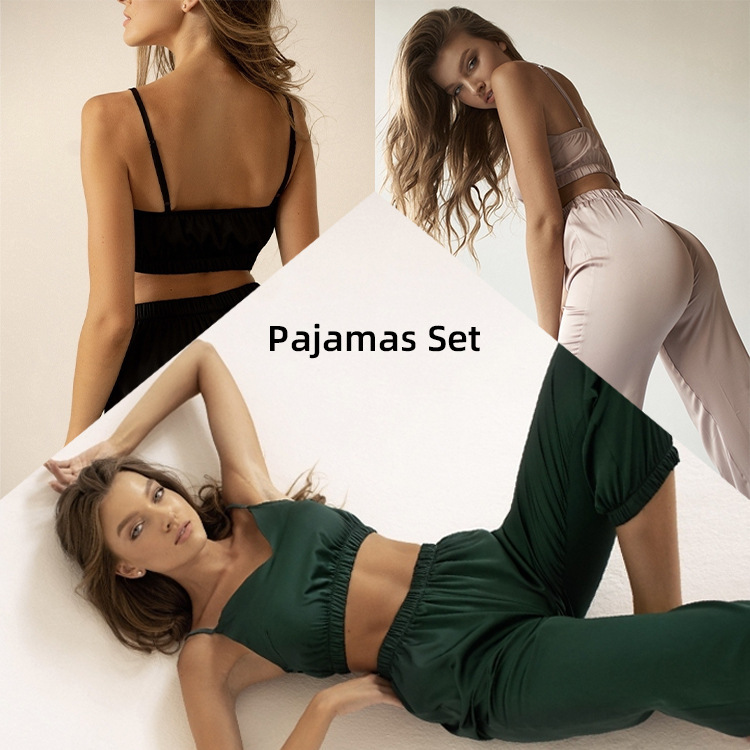 Women Cozy Solid Color Satin Camis And Pants Loungewear Pajamas Sleepwear Set