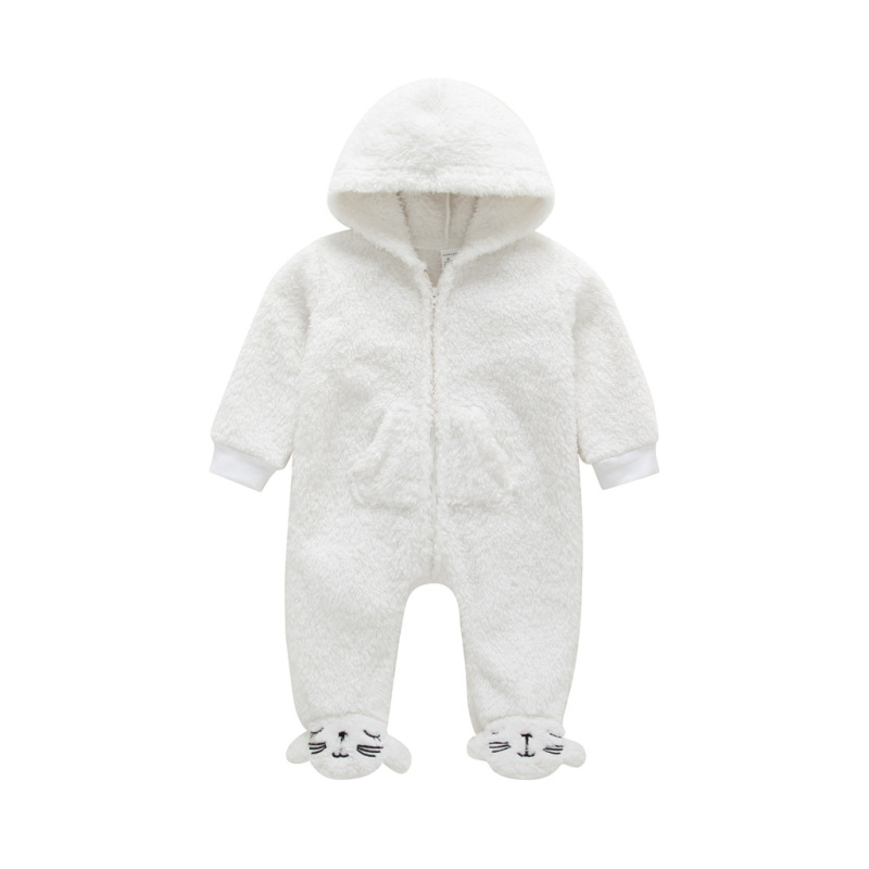 Baby Simple Long Sleeve Hooded Zipper Warm Plush Pajamas Jumpsuit